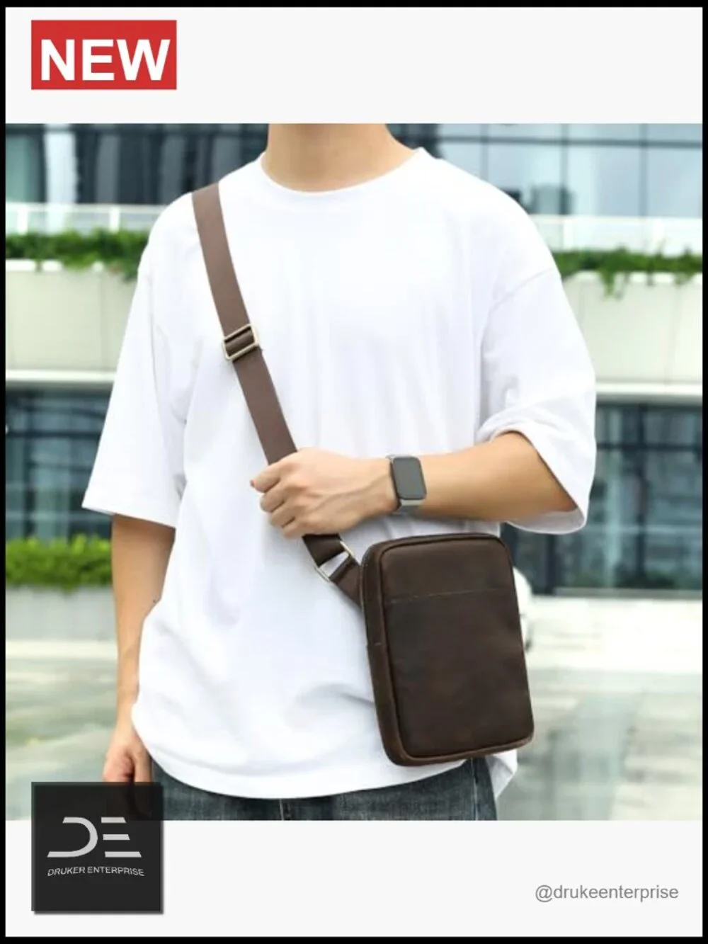 Mini Genuine Leather Messenger Shoulder Bag for Men with Multiple Zipper Pockets